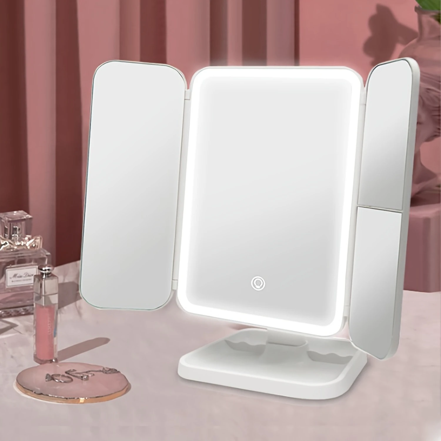 Portable LED Lighted Folding Makeup Mirror with Polished Finish, Glass Surface, Rechargeable Battery and USB Charging - Sensor T