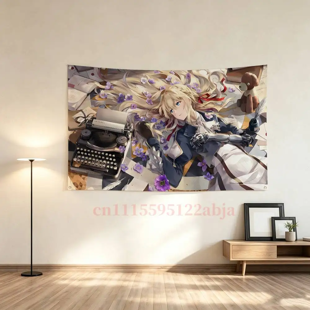 V-Violet Evergarden in the Rain Flag Tapestry Wall Hanging Banner Aesthetic Decoration Dorm Party Backdrops Cloth