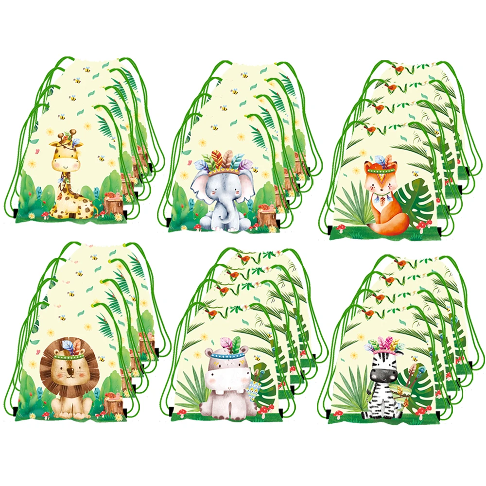 6/18/36/60pcs Jungle Animal Pattern Gifts Bag Green Drawstring Backpack Kids Favors Wild Animals Birthday Party Supplies