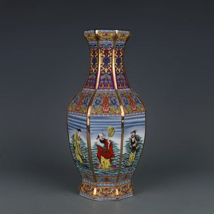 Qianlong Pastel Eight Immortals Figure Octagonal Vase Jingdezhen Antique Porcelain Vase Home Chinese Ornaments