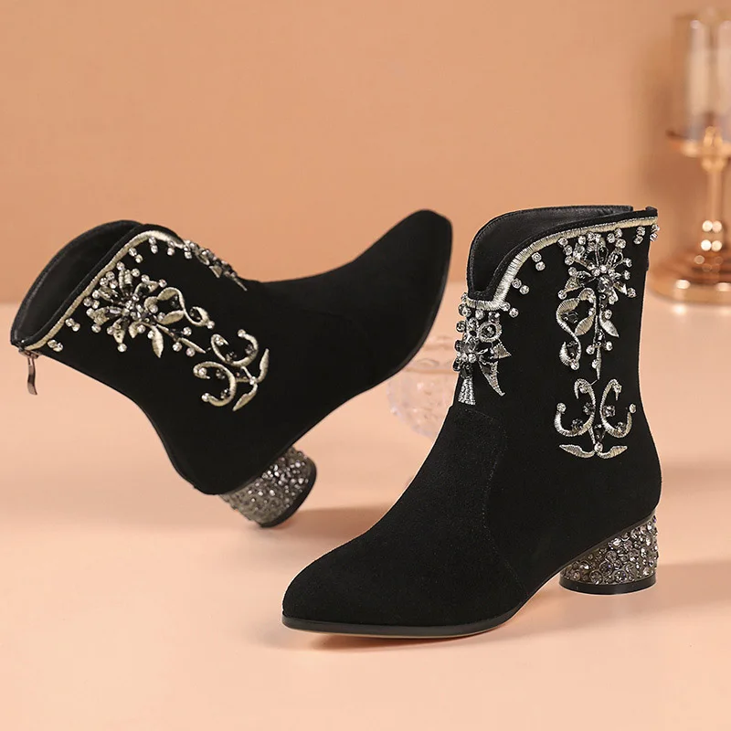 Phoentin Crystal Mid Heel Ankle boot Handmade Embroidery Ethnic Woman\'s winter Boot Kid Suede black shoes plus size 43 FT2006