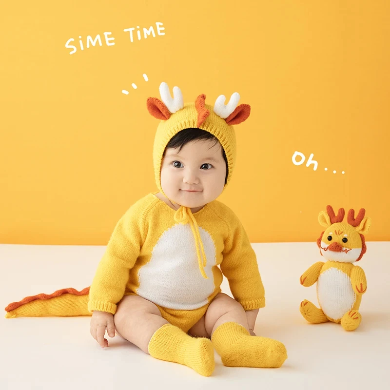 3-5 Months Baby Photography Clothing Hand Knitted Jumpsuit Hat + Socks 3pcs/Set Cute Dragon Horn Outfit Sunflower Pillow Props