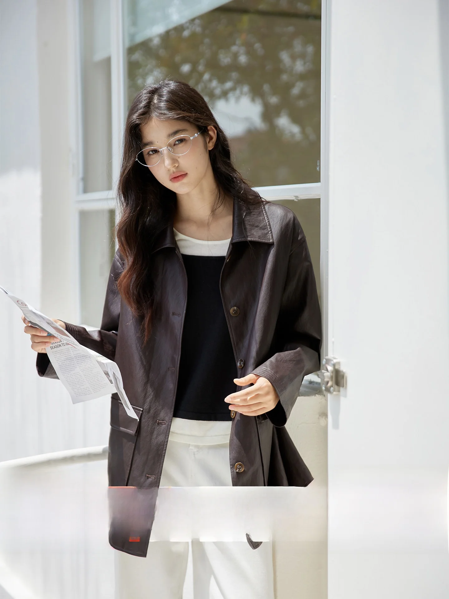 Ginnkee Giacca Vintage in Pelle Marrone con Colletto, da Donna, Autunnale, a Maniche Lunghe, Lunghezza Media, in Pelle PU Color Caffè Scuro, Abbigliamento Esterno