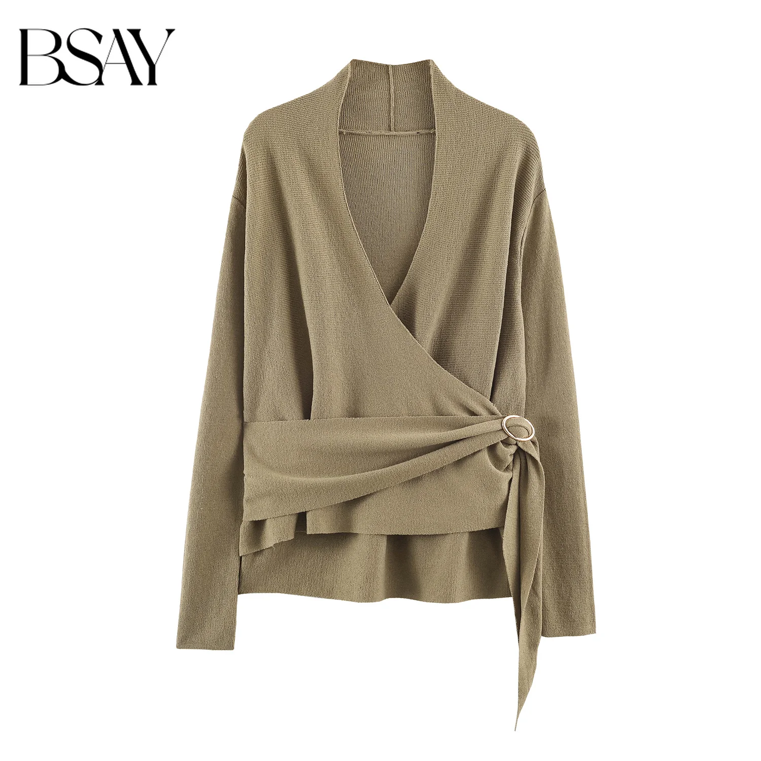 BSAY 2026 Französische Elegante Damen-Wickelbluse mit V-Ausschnitt, O-Ring-Schnalle, Taillengürtel, Asymmetrischem Saum, Langen Ärmeln und Lockerem Strick