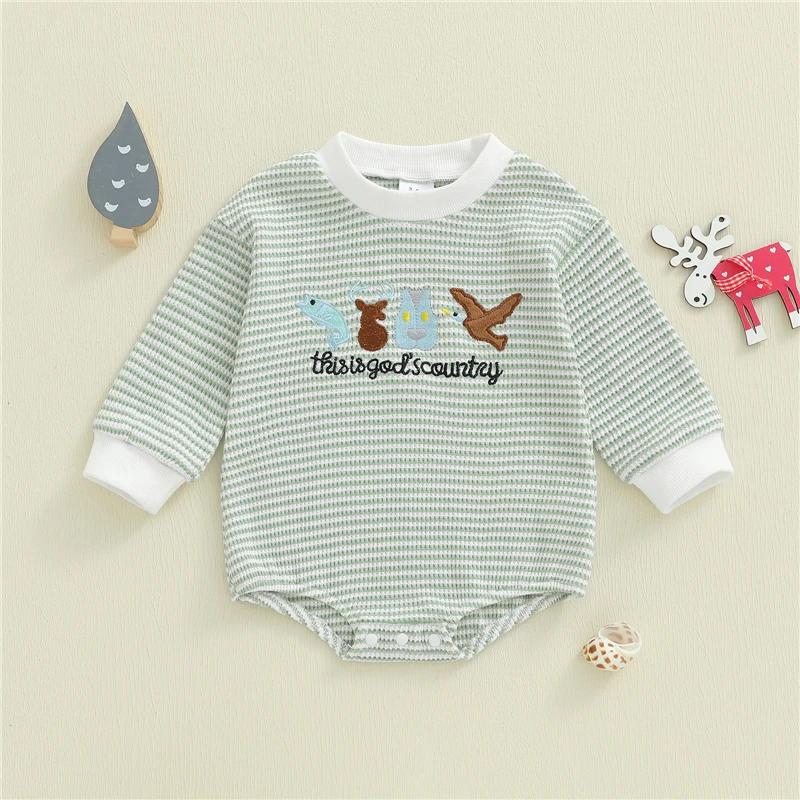 

Baby Boy Striped Sweatshirt Romper Animal Letter Embroidered Crew Neck Long Sleeve Jumpsuit Baby Fashion Autumn Clothes