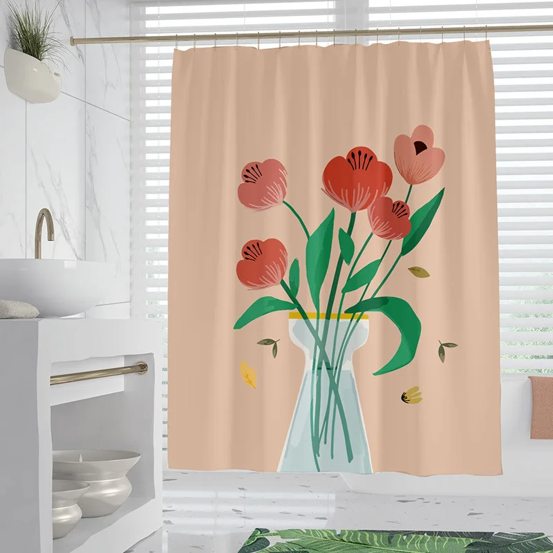 Yellow Flower Pink Shower Curtains Floral Bathroom Curtain Decor with Hooks Easily Hanging Waterproof Polyester Fabric 180x180