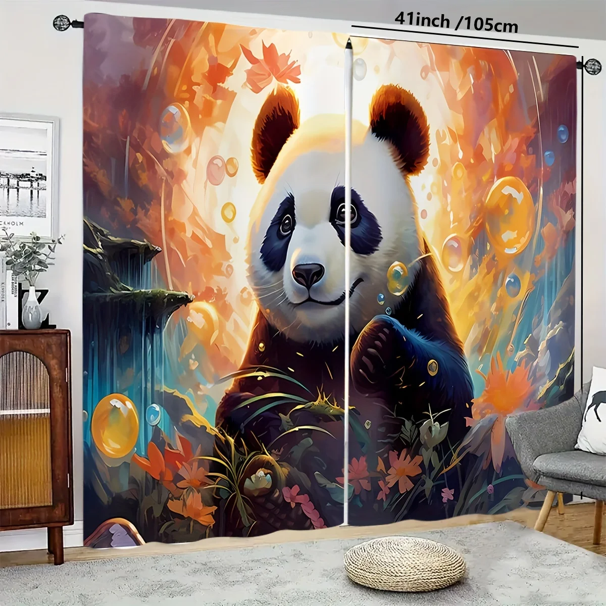 Cute Panda Curtains, Colorful Bubble Graphic Window Drapes, Animal Art Decor, Blackout Fabric for Kids Bedroom Living Room