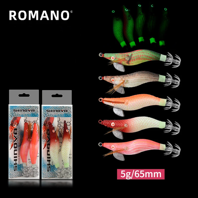 

ROMANO New Blowtorch Hooks Fluorescent Small Wooden Shrimp Fake Bait Rocket Squid Hooks Specialized in Octopus Squid Fishing