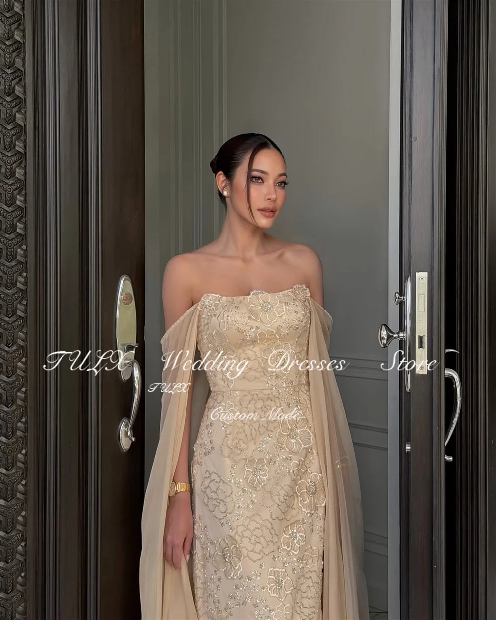 SPRAYING Champagne Lace Cetim Vestidos de Noite Fora Do Ombro Vestido de Festa Sereia Até o Tornozelo Vestidos de Ocasião Especial Personalizado