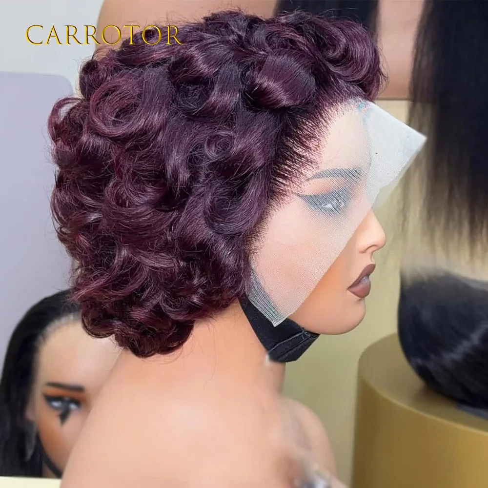 

Парик Pixie Cut из натуральных волос, темно-бордовый, кудрявый, с кружевной вставкой 13x4, короткий парик-боб, темно-ягодный цвет, 100% натуральные волосы для женщин