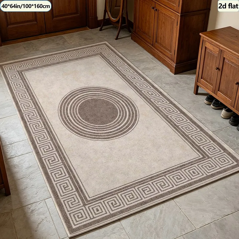 Vintage Greek Key Border Oval Carpet Flooring, Retro Geometric Frame Printed Area Rug Anti‑Slip Floor Mat for Hall Bedroom Home Decoration