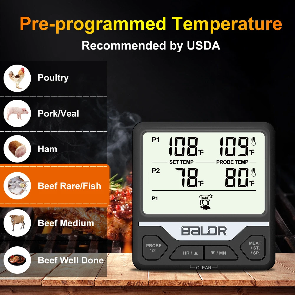 BALDR Split Dual Probe Food Thermometer Large Screen Electronic Food Thermometer Intelligent Split Digital Display Dual Probe Ba