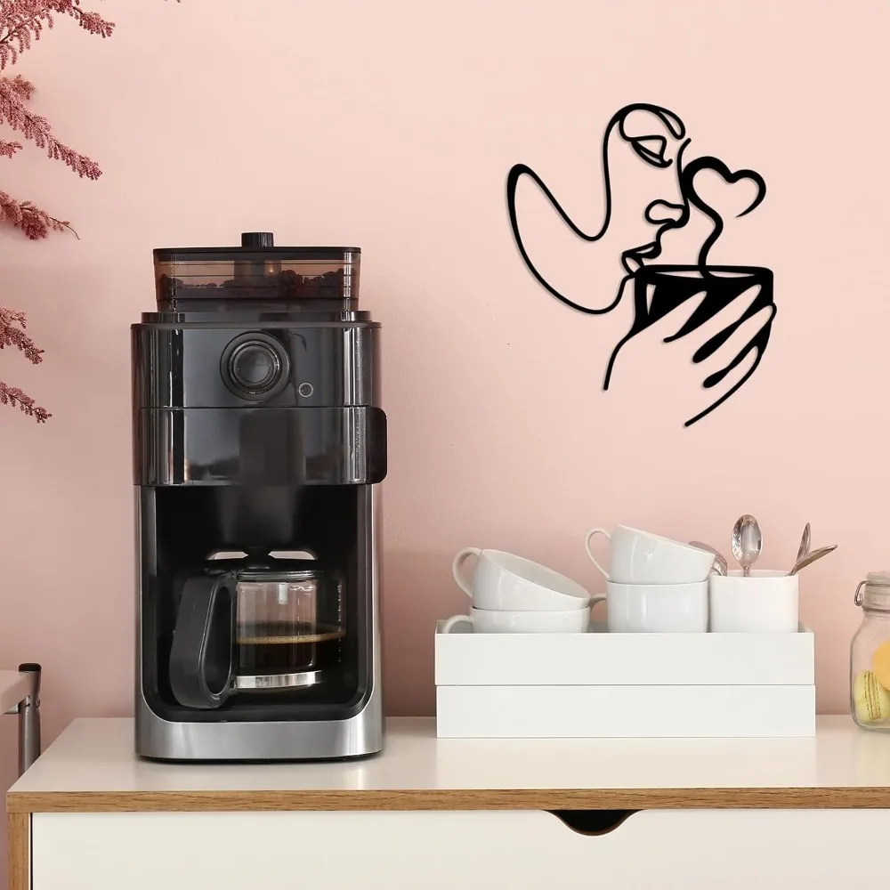 Minimalist Black Metal Coffee Woman Sculpture Aluminum Wall Art 12x16 Inch Waterproof Durable Decor for Kitchen Living Room Bed