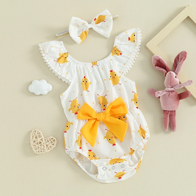 Molgkyo Newborn Baby Girl Easter Outfit Rabbit Print Romper Ruffle Sleeve Tassel Bodysuit Bunny Outfit Infant Summer Clothes