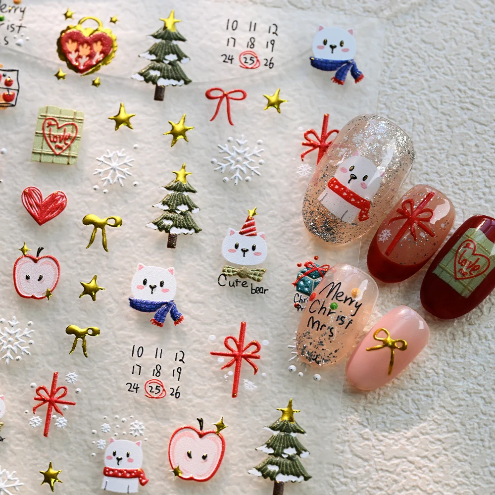 1 unidad de pegatinas 5D para uñas de dibujos animados de muñeco de nieve y Papá Noel, árbol de Navidad de invierno, calcomanías para decoración de uñas con copos de nieve, deslizadores de oso de jengibre para hombre