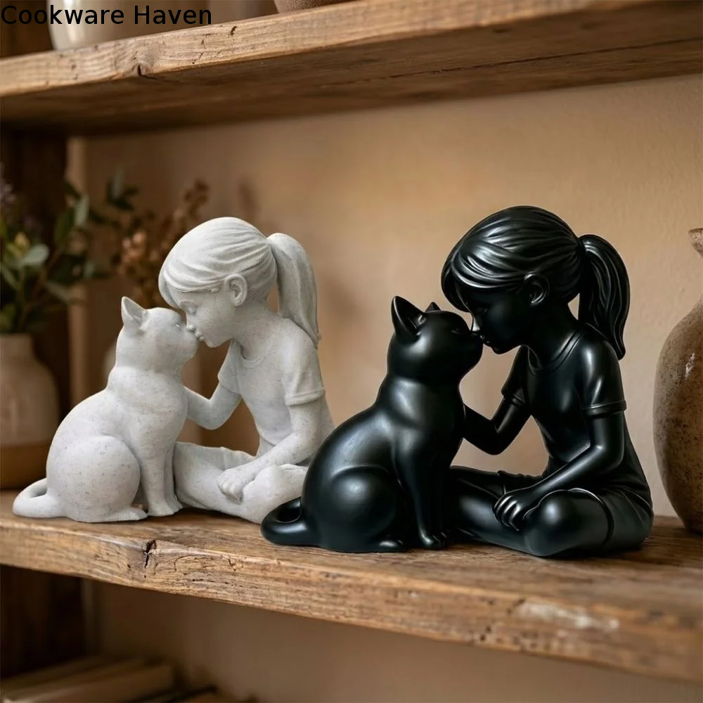 3D Printed Girl and Cat Sculpture Unique Crafts Girl Cat Friendship Statues Plastic Cute Animal Girl Cat Ornaments Bedroom Decor