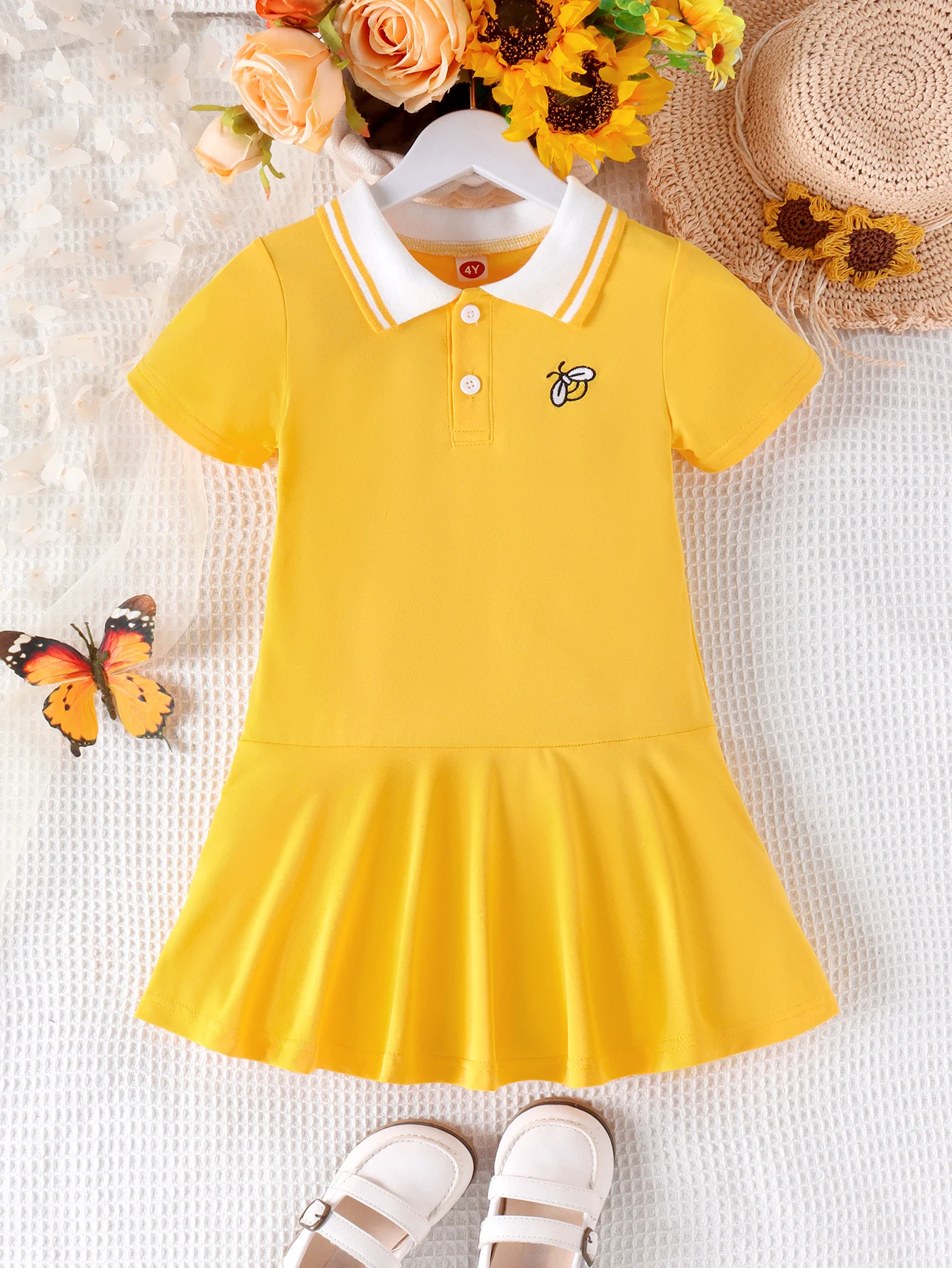 Summer New Style 4-7 Year Old Girl Soft And Comfortable Gentle And Sweet Simple Polo Collar Short-Sleeved Dress