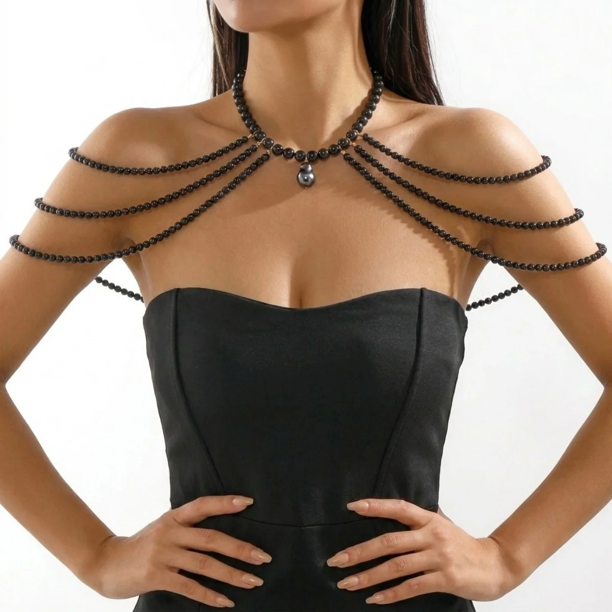 Barocke Unregelmäßige Simulierte Perlen-Choker-Halskette Elegante Mehrschichtige Quasten-Hochzeits-Bankett-Schulterkette Körperschmuck – Detail 17