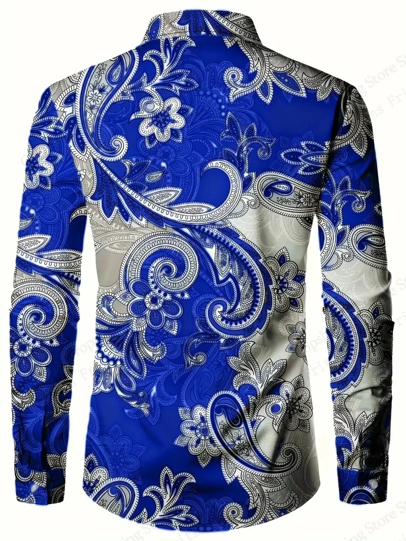 

Мужская гавайская рубашка с длинными рукавами, элегантная рубашка с цветочным принтом синего и белого цвета, рубашка с 3D принтом, мужская модная повседневная деловая рубашка с лацканами