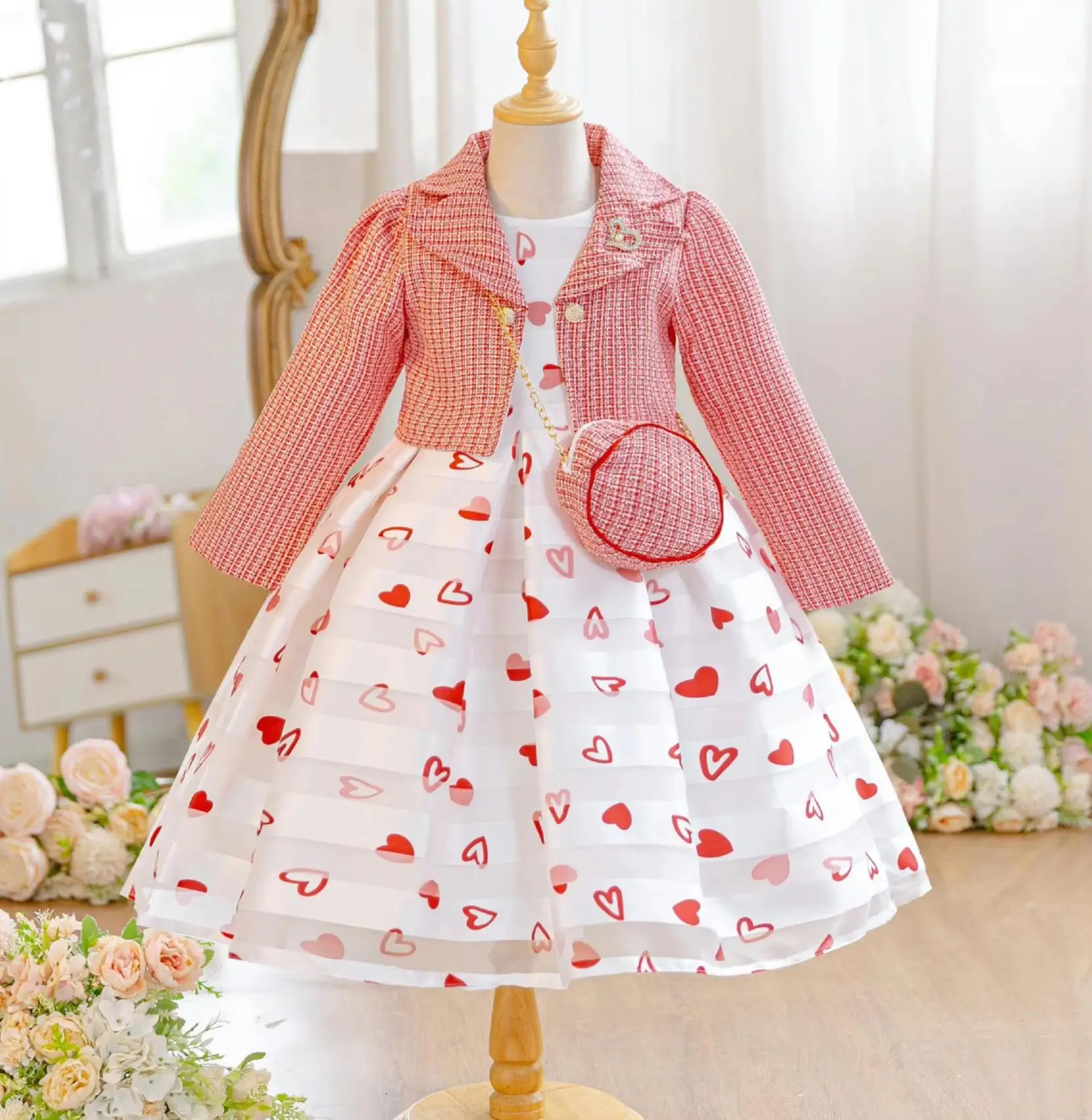 New Girl Elegant Dress with Bag 3PCS Children Girls' Princess Dresses Love Print Kids Clothes 3-8
