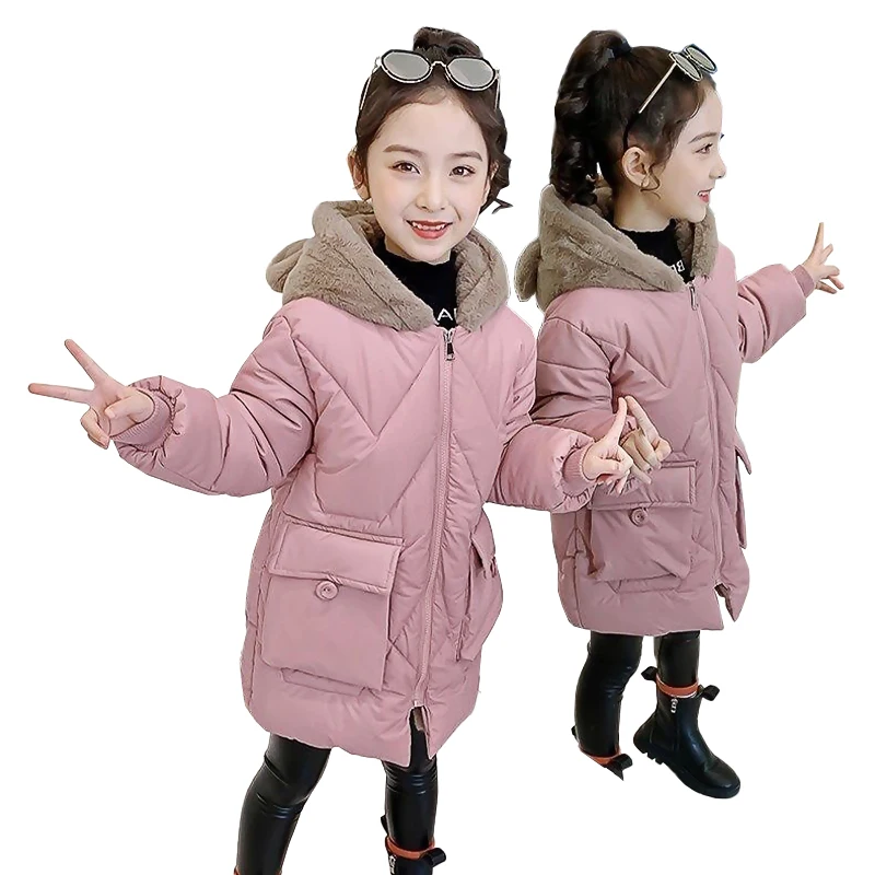 2023 Girls Winter Jackets Plus Velvet Warm Coats For Teen Girl Parkas Fashion Hooded Bear Children Outerwear Clothing 5-12 Years