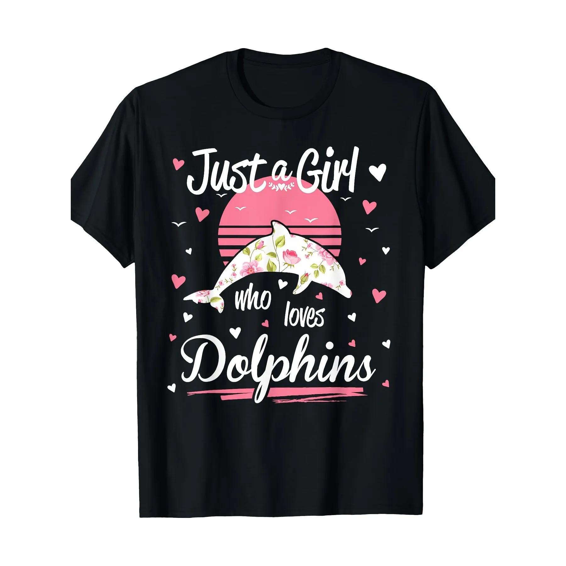 Floral Dolphin Lover Girl Graphic Tee Breathable Cotton Short Sleeve T-Shirt