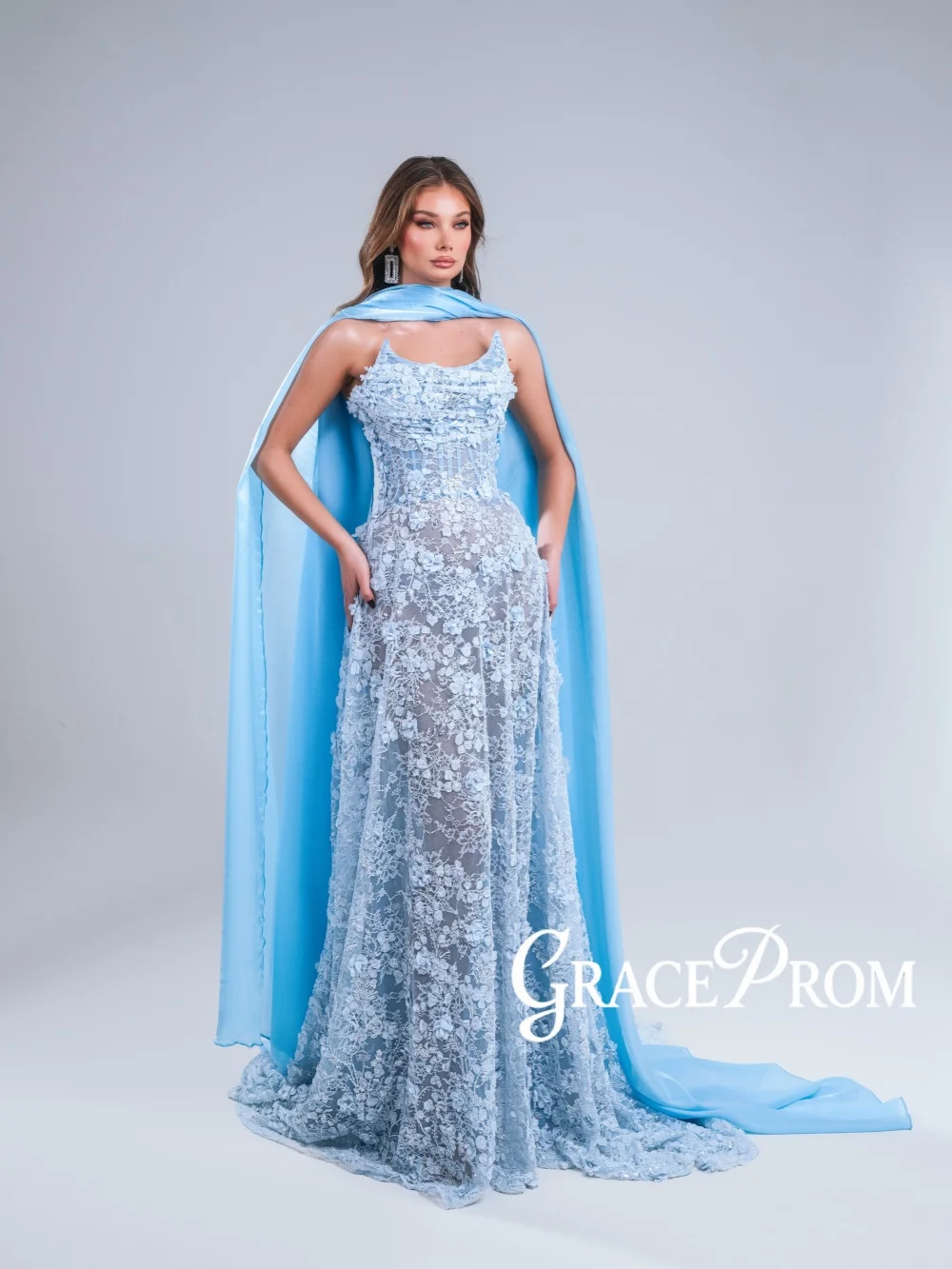 

Sky Blue Luxury Beaded Evening Dress Glamorous Strapless 3D Floral Wedding Party Gown Customized A-line Long Banquet Gowns