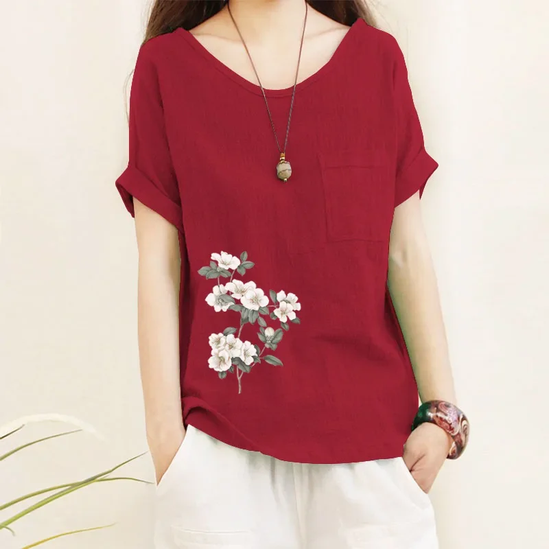 جديد بلون فضفاض القطن الكتان البلوزات النسائية الصيف طباعة قمصان عادية كم قصير س الرقبة الصلبة قميص عطلة القمم #6