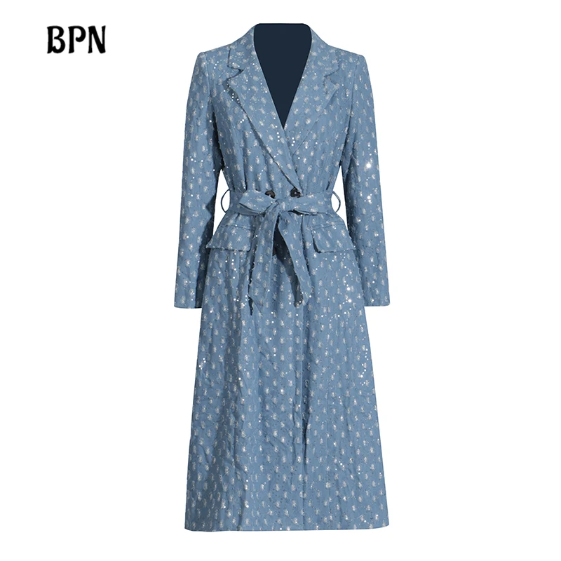 

BPN Elegant Spliced Lace Up Denim Trench For Women Lapel Long Sleeve Patchwork Button Temperament Coats Female Fashion Style New