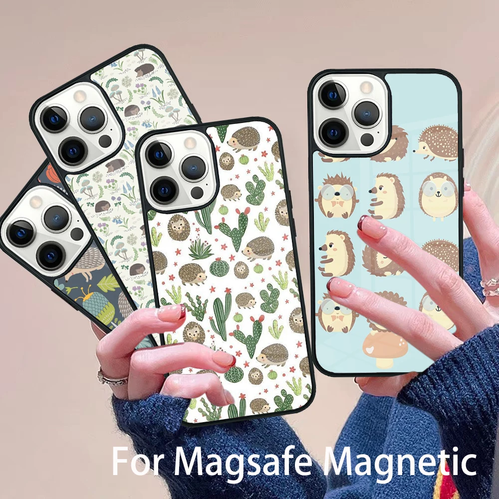 

Kawaii Hedgehog Heart Phone Case Magesafe Magnetic Wireless Charge Cover For IPhone 16 11 12 13 14 15 Pro Max Plus Mini