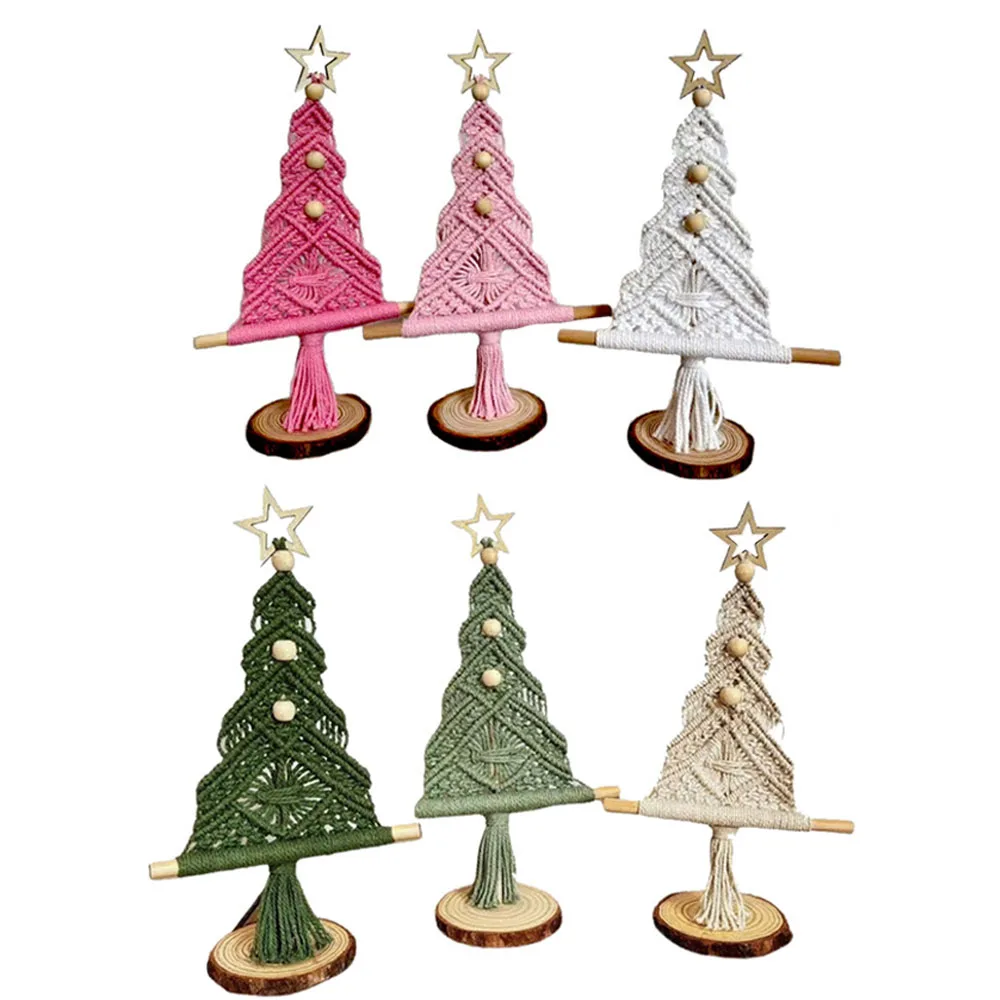 Handmade Boho Christmas Tree Tabletop Decor – Cotton & Wood Holiday Decoration – Nordic Style Christmas Ornament for Desk, Home