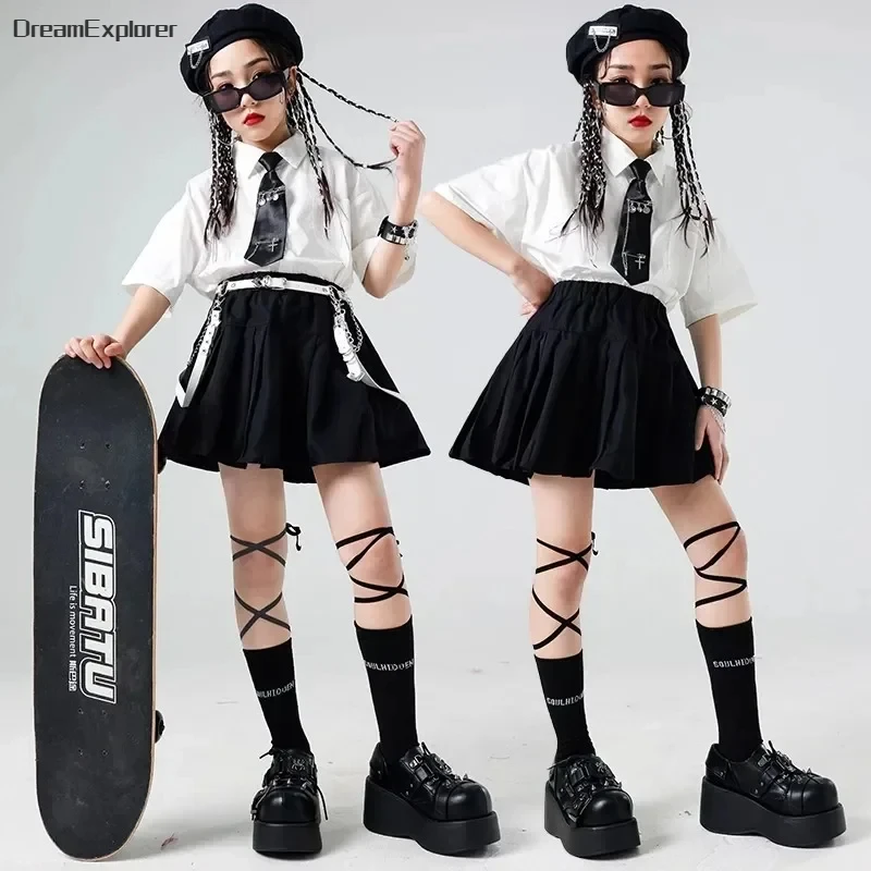 Hip Hop Girls Shirt Street Dance K-pop Plaid Tiered Skirts Kids School Uniforms Streetwear Children Jazz Costumes Clothes Sets