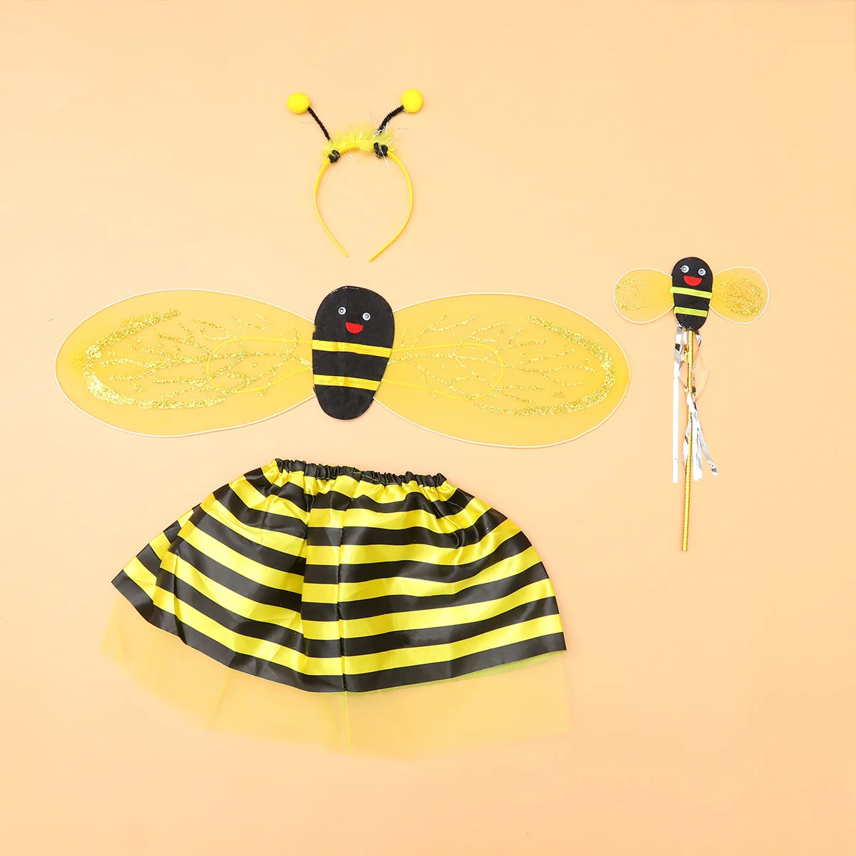 

4Pcs Bee Costume Set Kids Fairy Wings Wand Hair Hoop Skirt Party Stage Performance School Camp Special Occasions