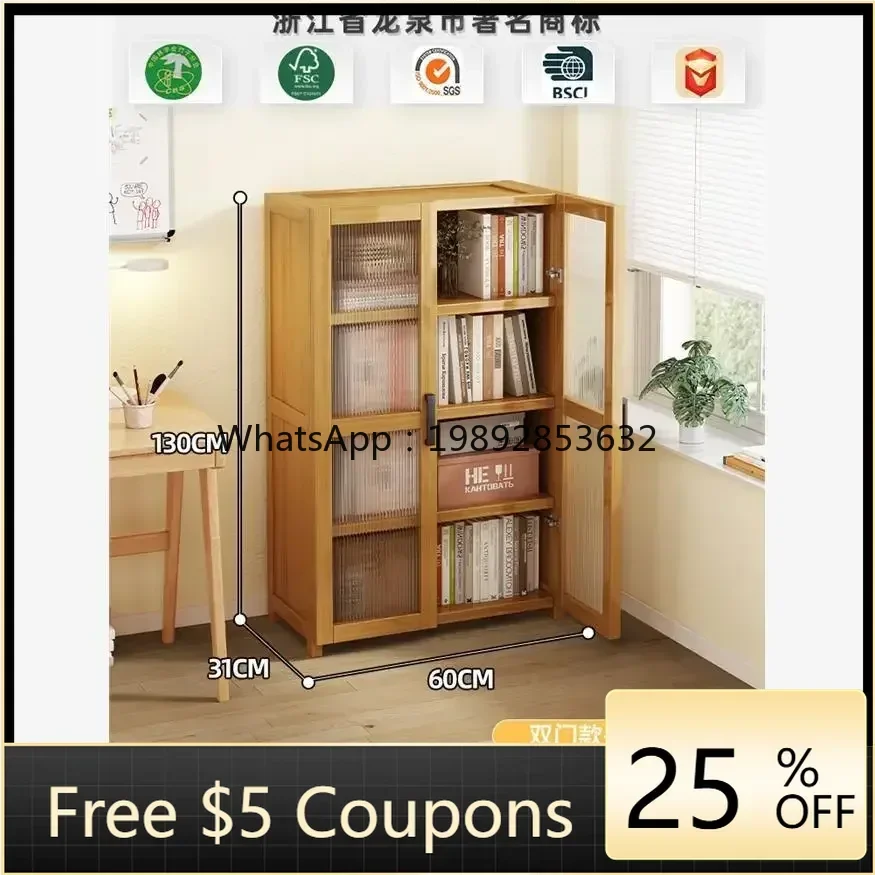 

CC shelf household solid wood bookcase with door dustproof transparent glass door integrated against the wall storage cabinet