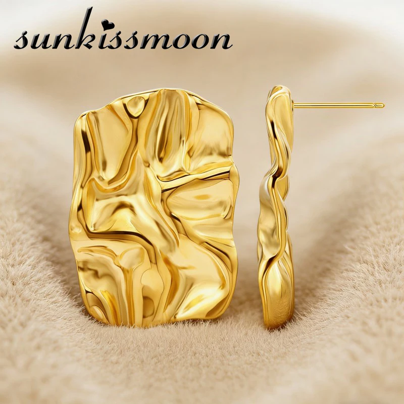Fashion Gold Plated Crinkle Texture Square Stud Earrings For Women Stainless Steel  Irregular Wrinkled Metal Statement Earrings