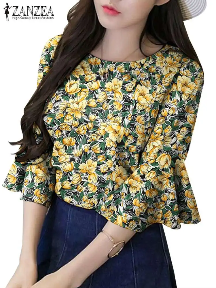 ZANZEA-blusa boêmia estampada floral para mulheres, tops de manga com babados, túnica vintage senhora escritório, gola redonda, férias, verão