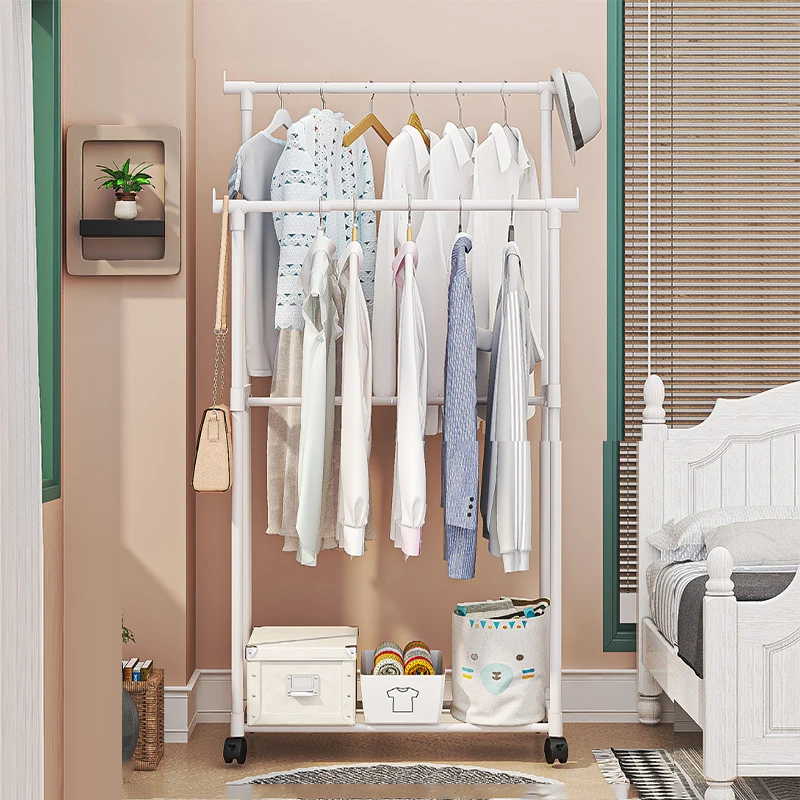 Movable Coat Rack Bedroom Clothes Hanger Pulley Shelf Clothes Storage Racks Simple Assembly Wardrobe Hat Clothes Organizer