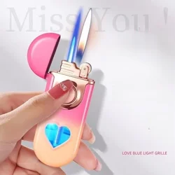Double Flame Butane Gas Lighter Creative LED Blue Light Transparent Gas Window Grinding Wheel Ignition Cigar Lighters