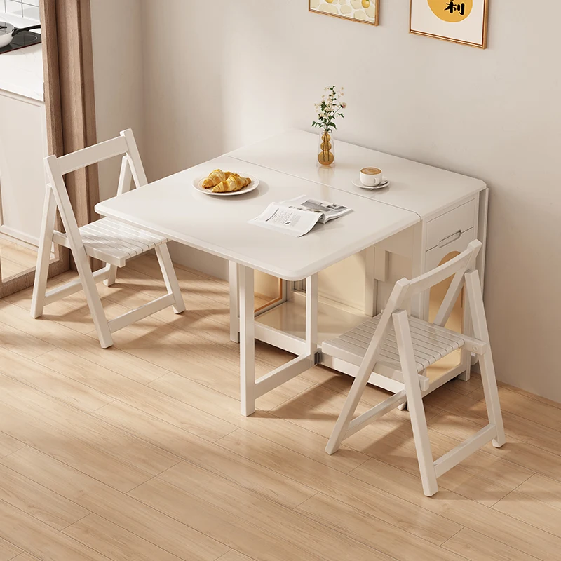 Cream wind solid wood dining table modern simple small apartment foldable mobile telescopic multi-functional storage dining tabl