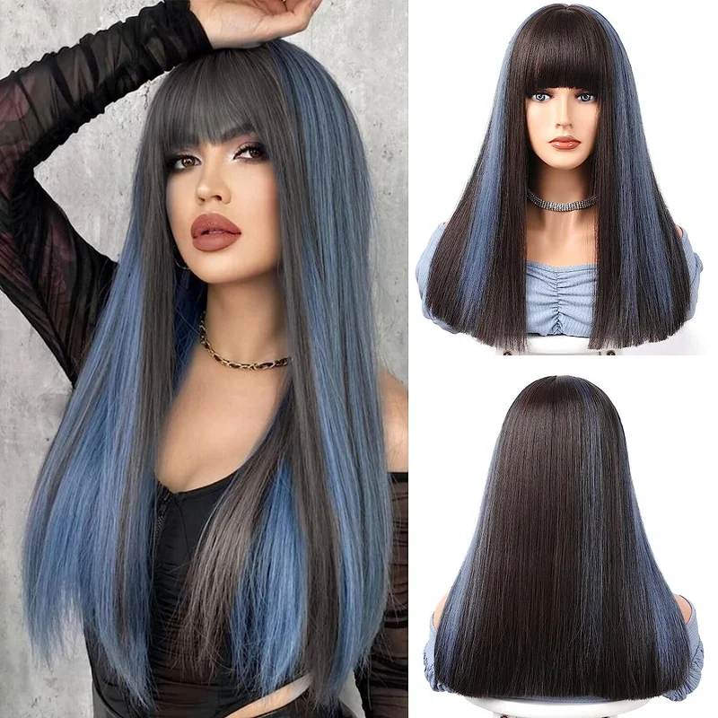 Long Black Wigs with Blue Highlight with Bangs for Women Cosplay Fashion Party