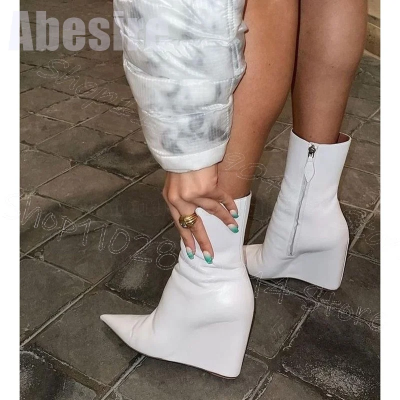 White Wedges Heel Pointed Toe Mid Calf Boots Side Zipper Women Shoes Sexy Fashion Party Banquet Dating 2025 Zapatos Para Mujere