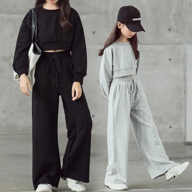 Dziewczęce zestawy w jednolitym kolorze dziecięce krótkie spodnie swetrowe z długimi rękawami 2 szt. Wiosna jesień nowa moda dziecięca garnitur casual 4-12 lat