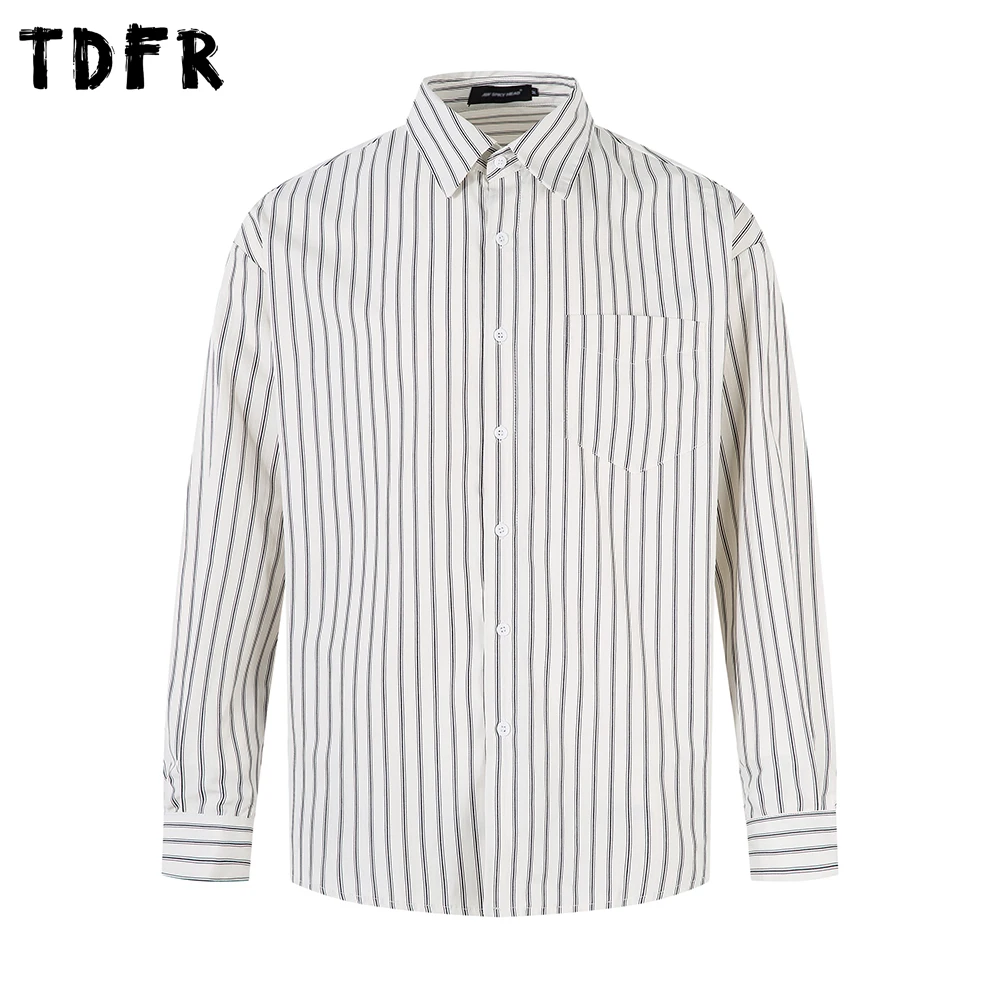 Pocket Vertical Stripes Shirts Mens Autumn Casual Loose Single Breasted Lapel Long Sleeve Shirts Man