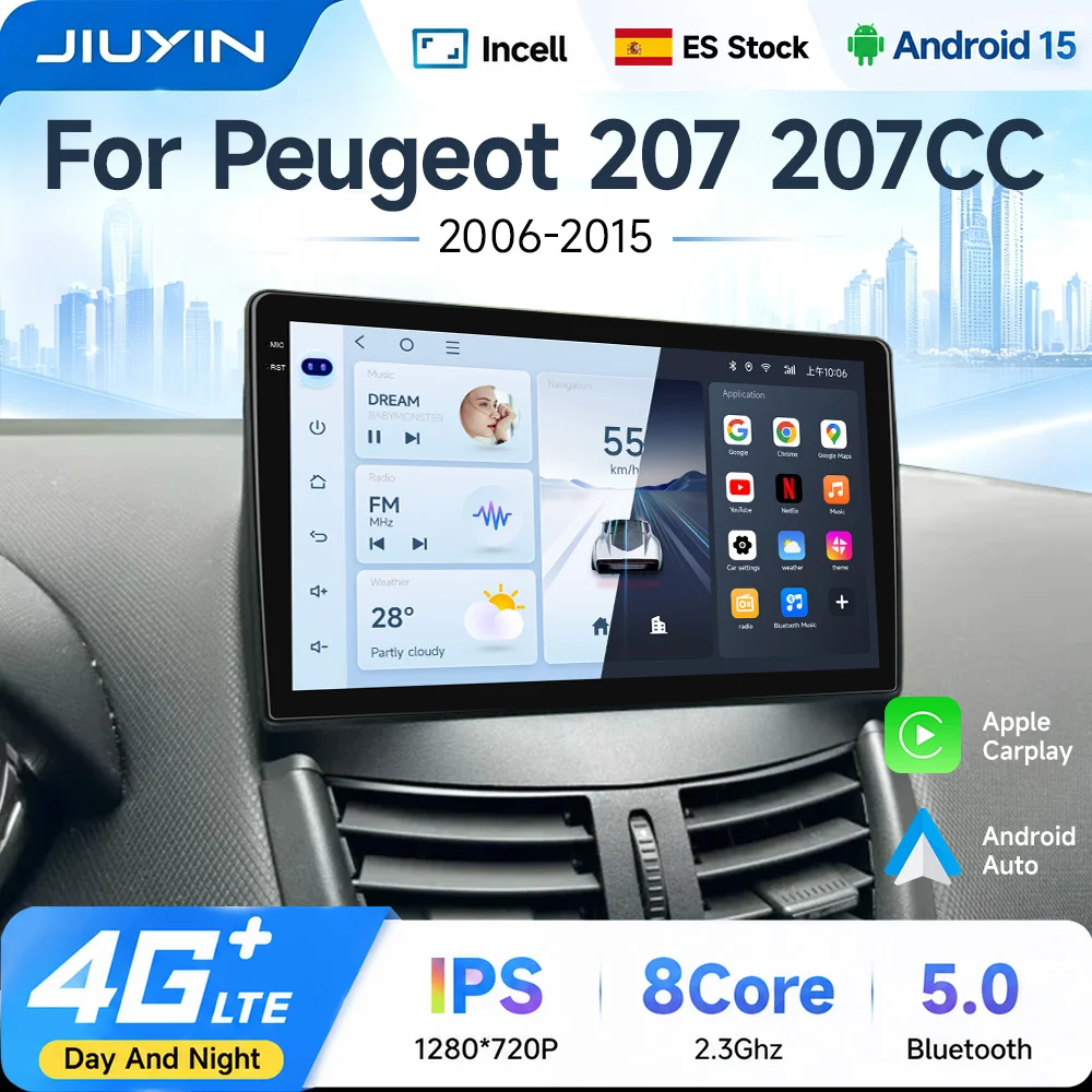 JIUYIN 9" Android Autoradio für Peugeot 207 207CC 2006-2015, kabelloses Carplay, Multimedia-Videoplayer, Autoradio, GPS-Navigation, Stereoanlage