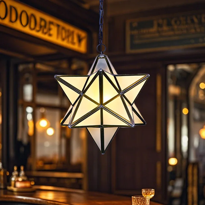 Moravian Star Pendant Light Moroccan Glass Hanging Lamp Vintage Geometric Chandelier for Kitchen Dining Room Bedroom Foyer E27