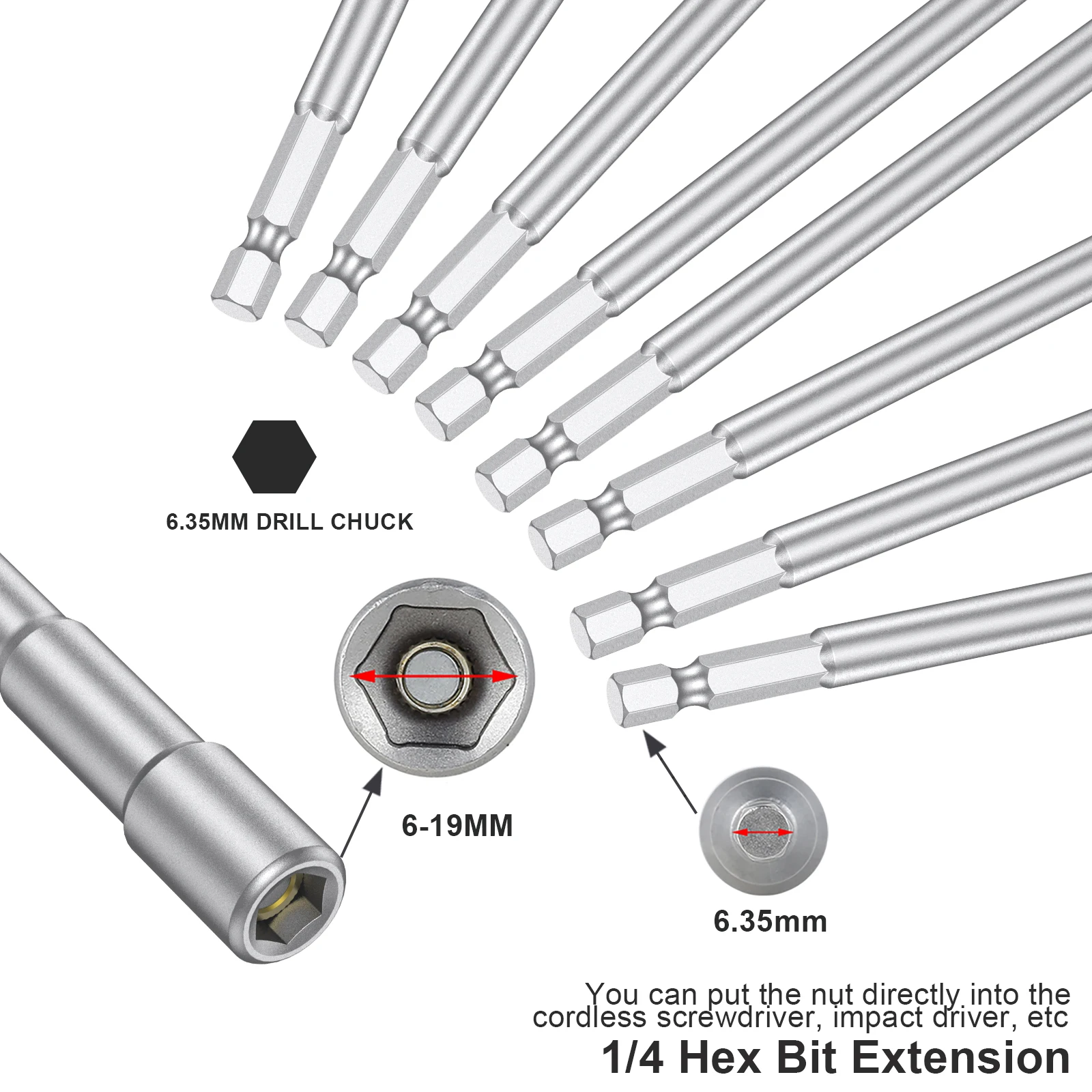 6PCS 6-19mm Impact Socket Magnetic Nut Screwdrive 6in Extension Rod 1/4\