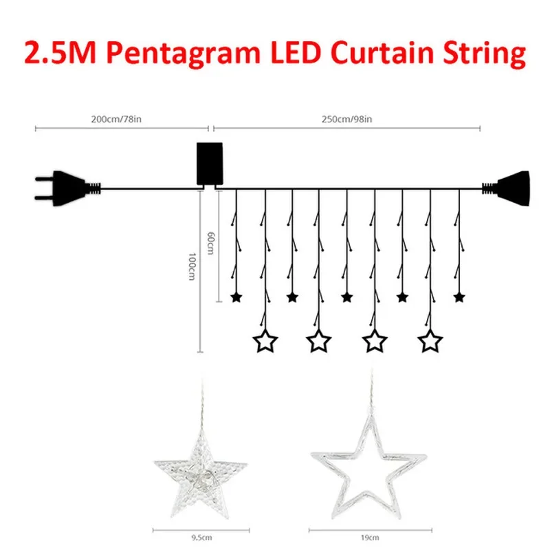 ستارة LED سلسلة ضوء الجنية جليد 2.5 متر نجمة عيد الميلاد جارلاند حفل زفاف نافذة في الهواء الطلق ضوء عطلة الزينة