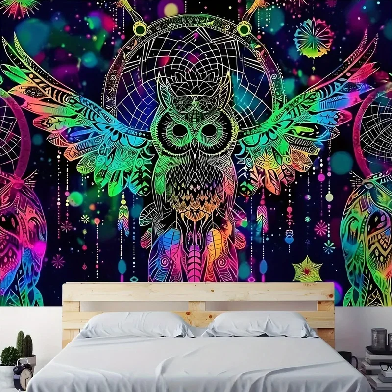 VIKAMA Boho Owl Dreamcatcher Tapestry Wall Hanging Colorful Tribal Owl Art Design Aesthetic Backdrop for Wall Decor