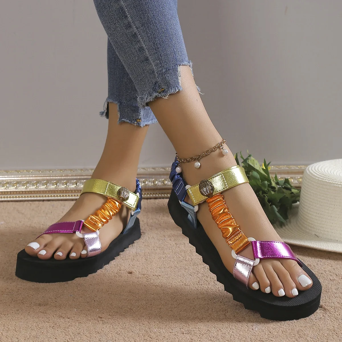 Zapatos planos de verano para mujer, conjunto de cuerda de cáñamo, sandalias de playa para exteriores, zapatillas informales que combinan con todo, sandalias de talla grande