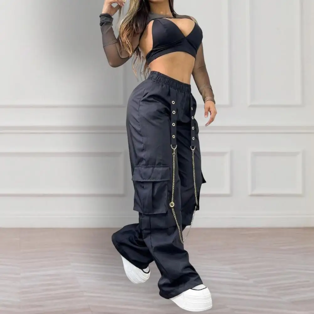 

Street Style Pants Stylish Women's Cargo Pants with High Waist Elastic Band Chain Straps Multiple Pockets Trendy for Ladies